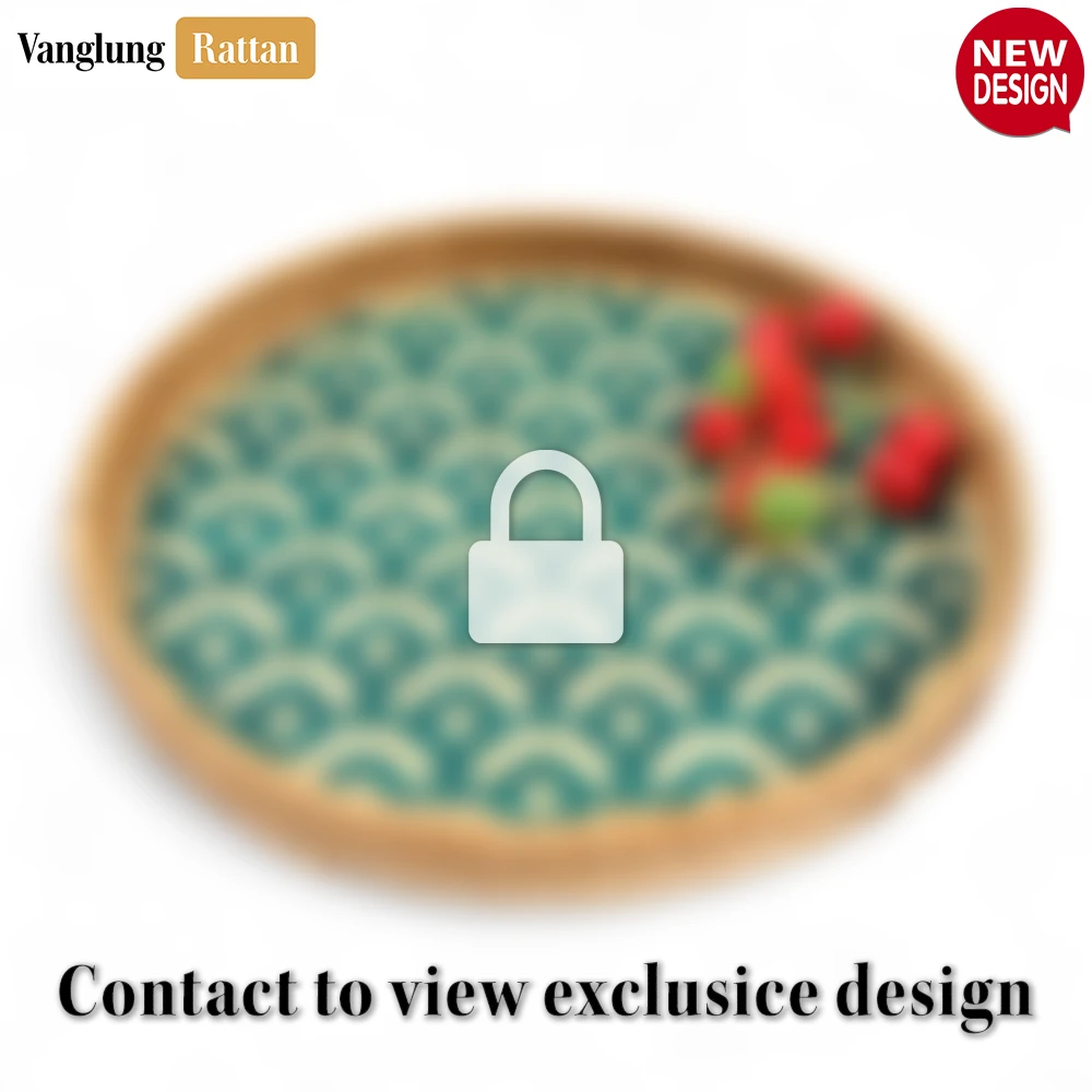 Rattan Export Round Handwoven Bamboo Rattan Serving Tray with Green Japan Pattern - REX-STRO013004JP