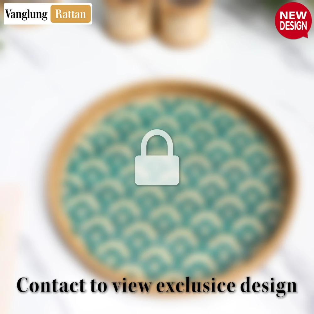 Rattan Export Round Handwoven Bamboo Rattan Serving Tray with Green Japan Pattern - REX-STRO013004JP