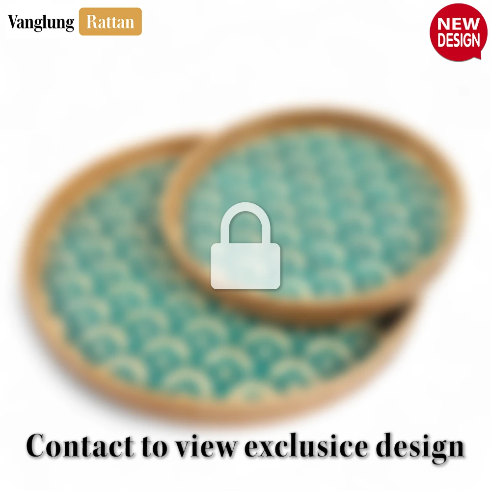 Rattan Export Round Handwoven Bamboo Rattan Serving Tray with Green Japan Pattern - REX-STRO013004JP