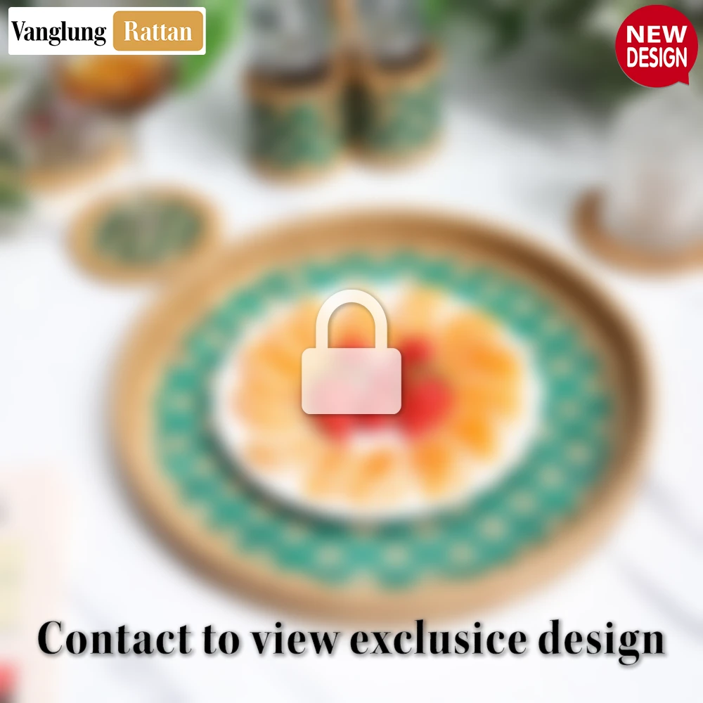 Rattan Export Round Handwoven Bamboo Rattan Serving Tray with Green and Natural Diamond Pattern - REX-STRO013004GR