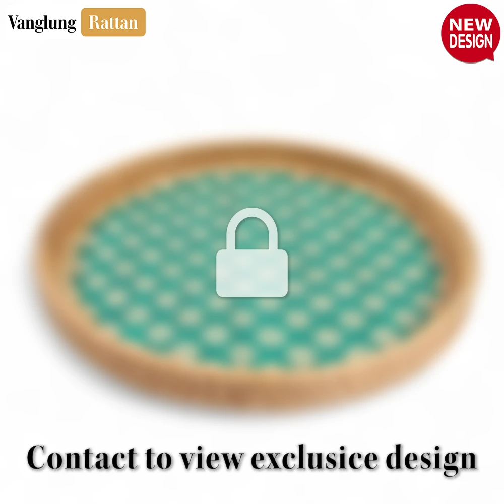 Rattan Export Round Handwoven Bamboo Rattan Serving Tray with Green and Natural Diamond Pattern - REX-STRO013004GR