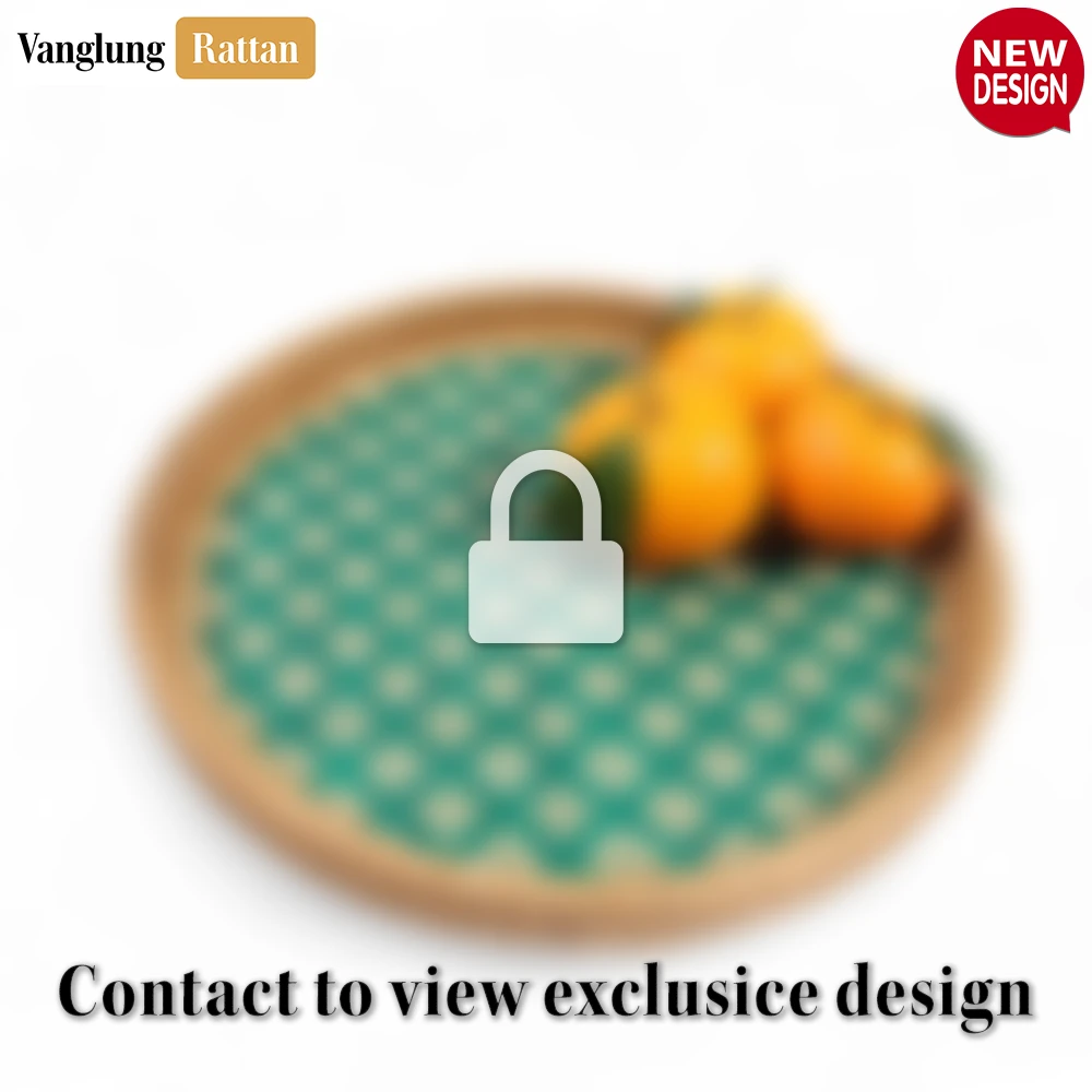 Rattan Export Round Handwoven Bamboo Rattan Serving Tray with Green and Natural Diamond Pattern - REX-STRO013004GR