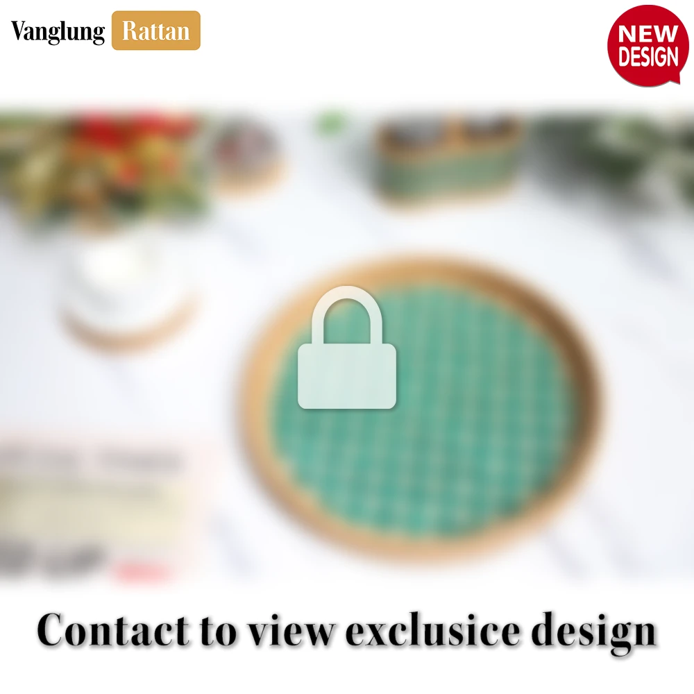 Rattan Export Round Handwoven Bamboo Rattan Serving Tray with Green and Natural Diamond Pattern - REX-STRO013004GR