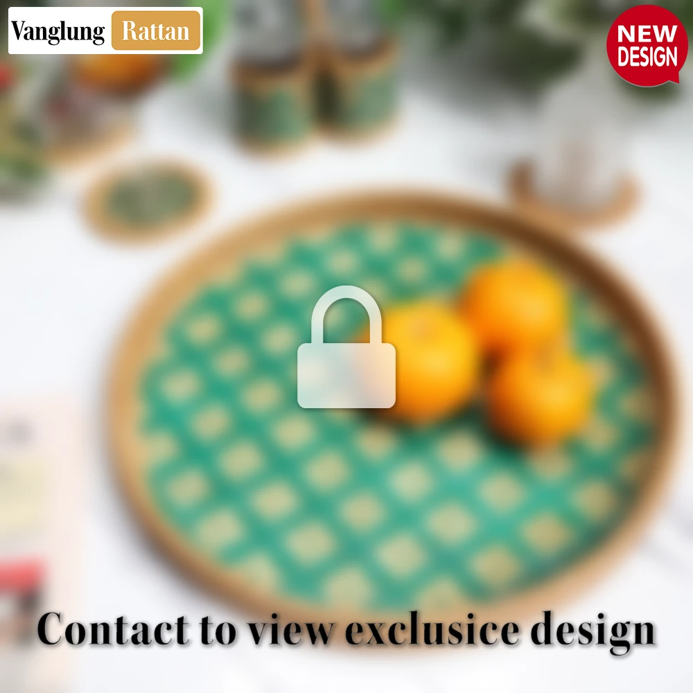 Rattan Export Round Handwoven Bamboo Rattan Serving Tray with Green and Natural Diamond Pattern - REX-STRO013004GR