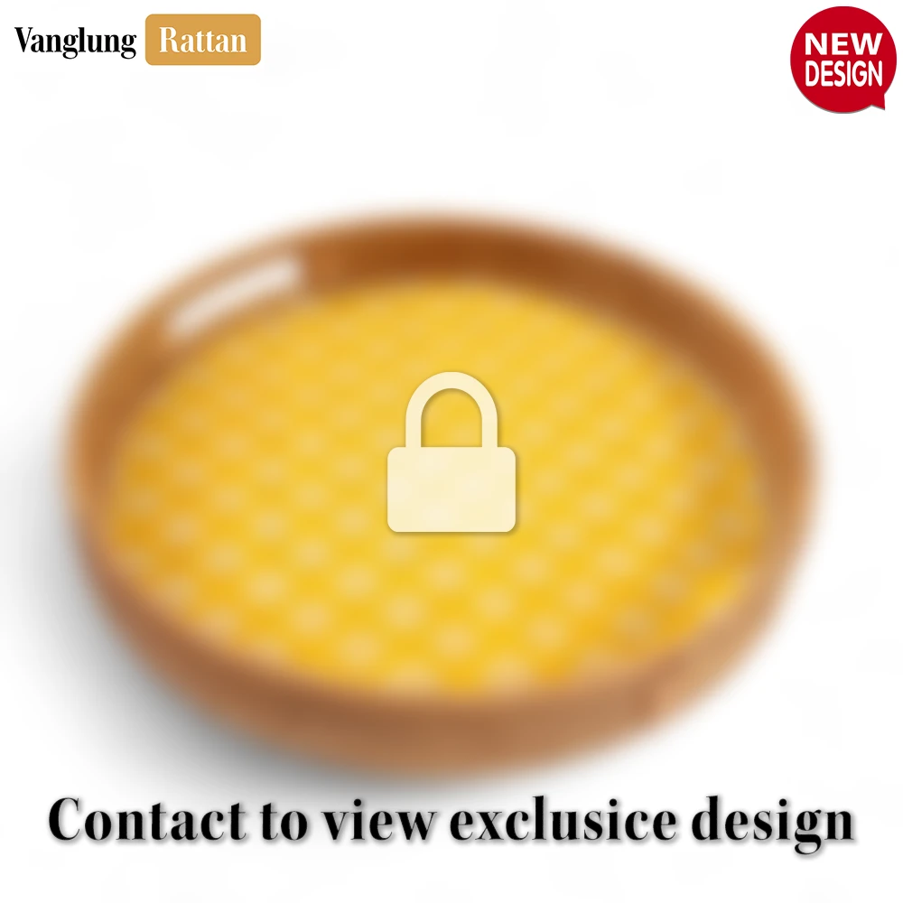 Rattan Export Round Handwoven Bamboo Rattan Handles Serving Tray with Yellow and Natural Diamond Pattern - REX-STRO013003YL