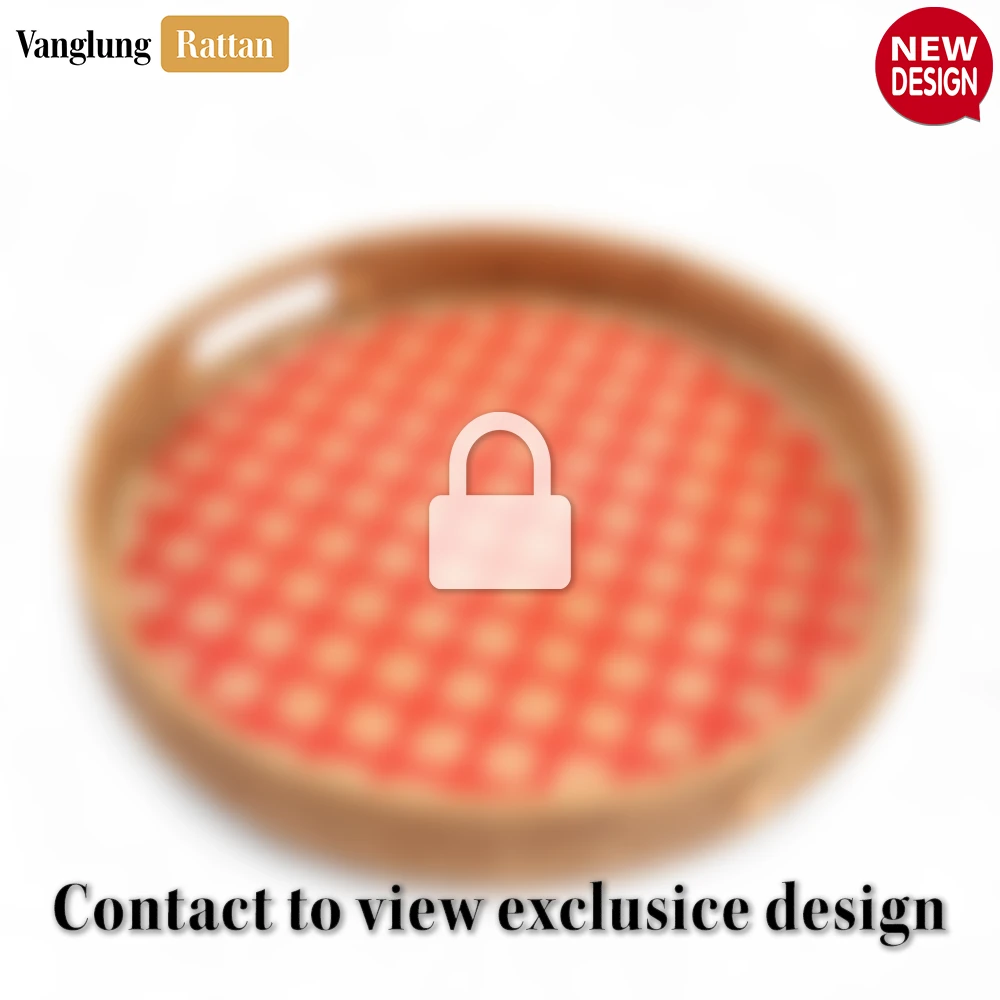 Rattan Export Round Handwoven Bamboo Rattan Handles Serving Tray with Red and Natural Diamond Pattern - REX-STRO013003REB