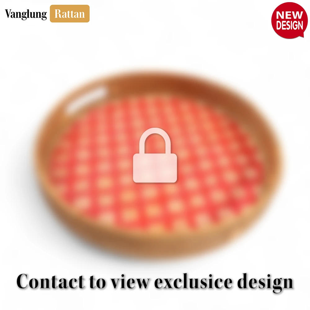 Rattan Export Round Handwoven Bamboo Rattan Handles Serving Tray with Red and Natural Diamond Pattern - REX-STRO013003RE