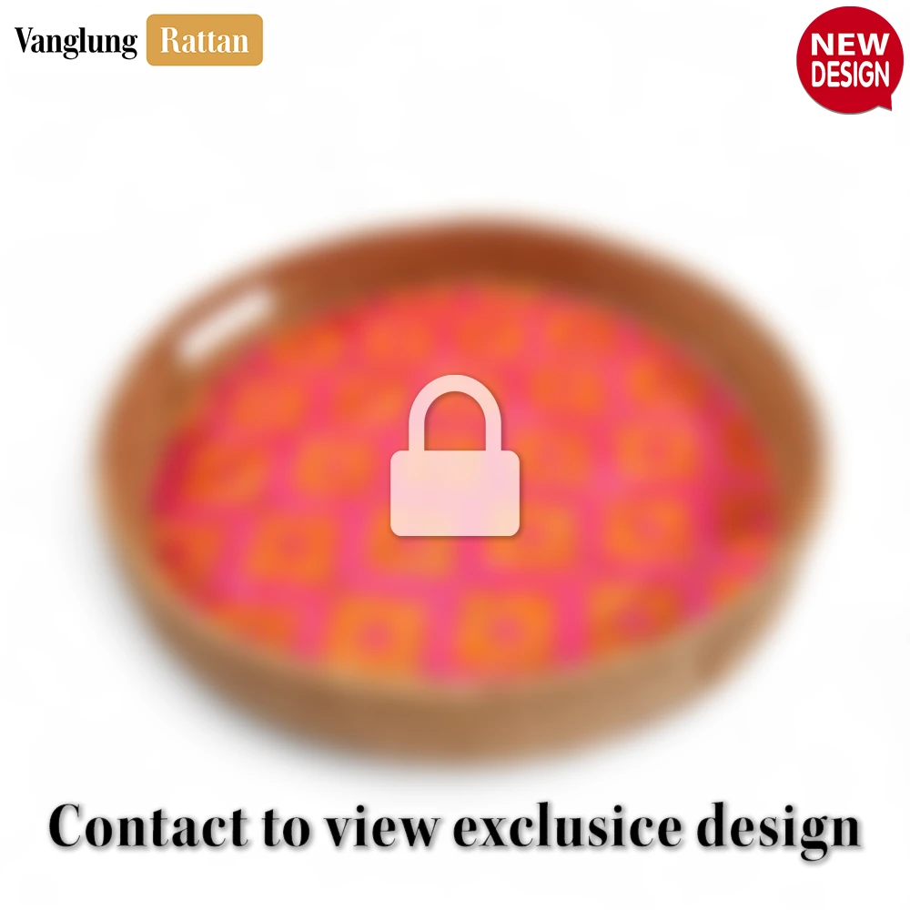 Rattan Export Round Handwoven Bamboo Rattan Handles Serving Tray with Pink Diamond Pattern - REX-STRO013003PK
