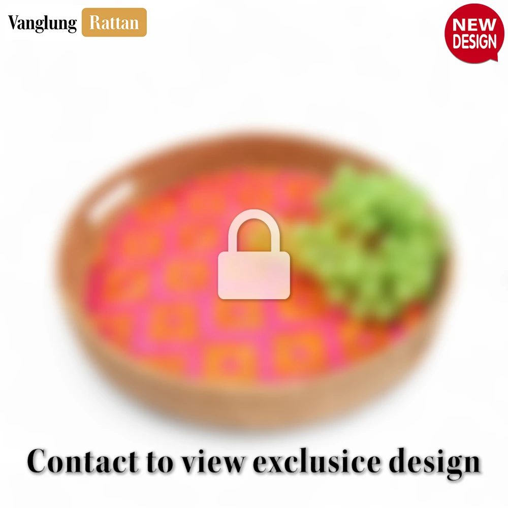 Rattan Export Round Handwoven Bamboo Rattan Handles Serving Tray with Pink Diamond Pattern - REX-STRO013003PK