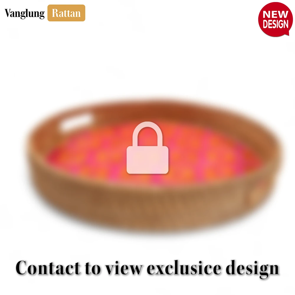 Rattan Export Round Handwoven Bamboo Rattan Handles Serving Tray with Pink Diamond Pattern - REX-STRO013003PK