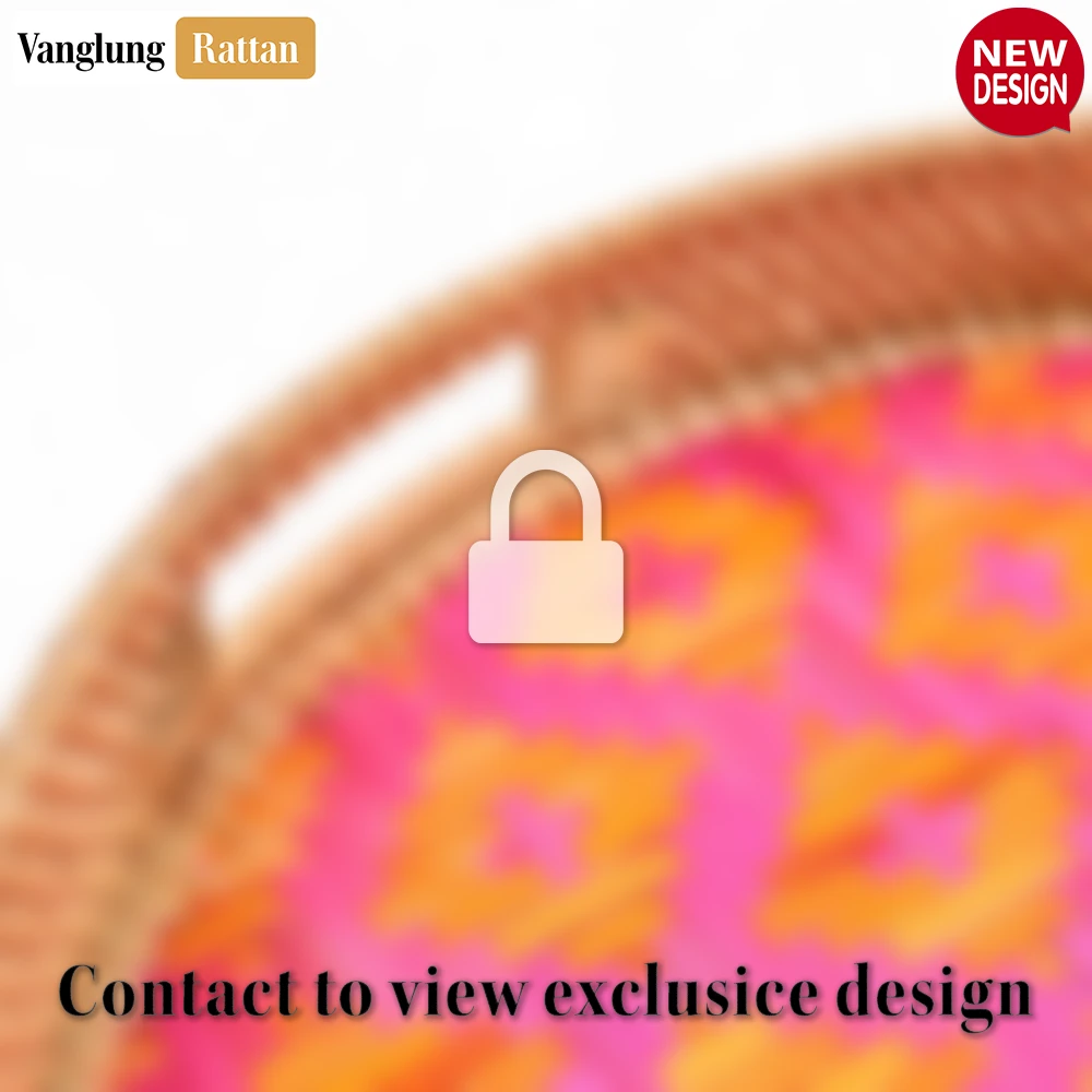 Rattan Export Round Handwoven Bamboo Rattan Handles Serving Tray with Pink Diamond Pattern - REX-STRO013003PK