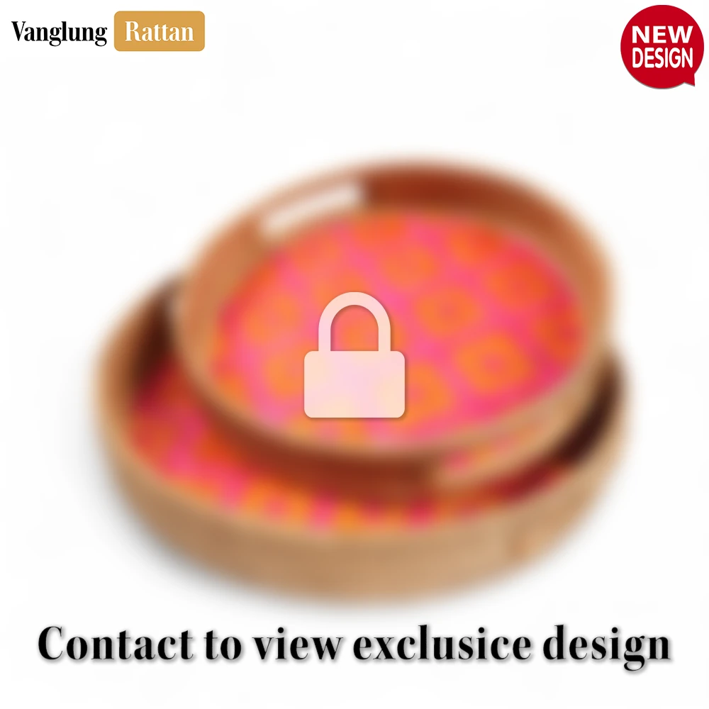 Rattan Export Round Handwoven Bamboo Rattan Handles Serving Tray with Pink Diamond Pattern - REX-STRO013003PK