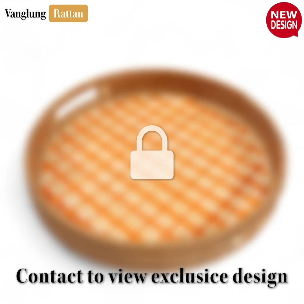 Rattan Export Round Handwoven Bamboo Rattan Handles Serving Tray with Orange Checkered Weave - REX-STRO013003OR