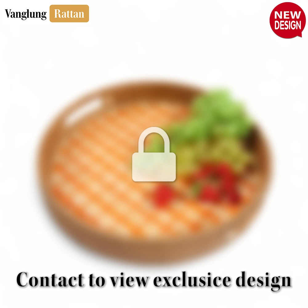 Rattan Export Round Handwoven Bamboo Rattan Handles Serving Tray with Orange Checkered Weave - REX-STRO013003OR