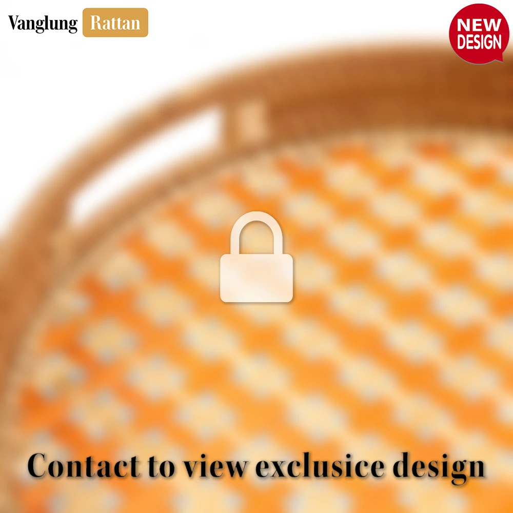 Rattan Export Round Handwoven Bamboo Rattan Handles Serving Tray with Orange Checkered Weave - REX-STRO013003OR