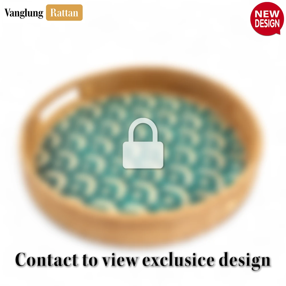 Rattan Export Round Handwoven Bamboo Rattan Handles Serving Tray with Green Japan Pattern - REX-STRO013003JP