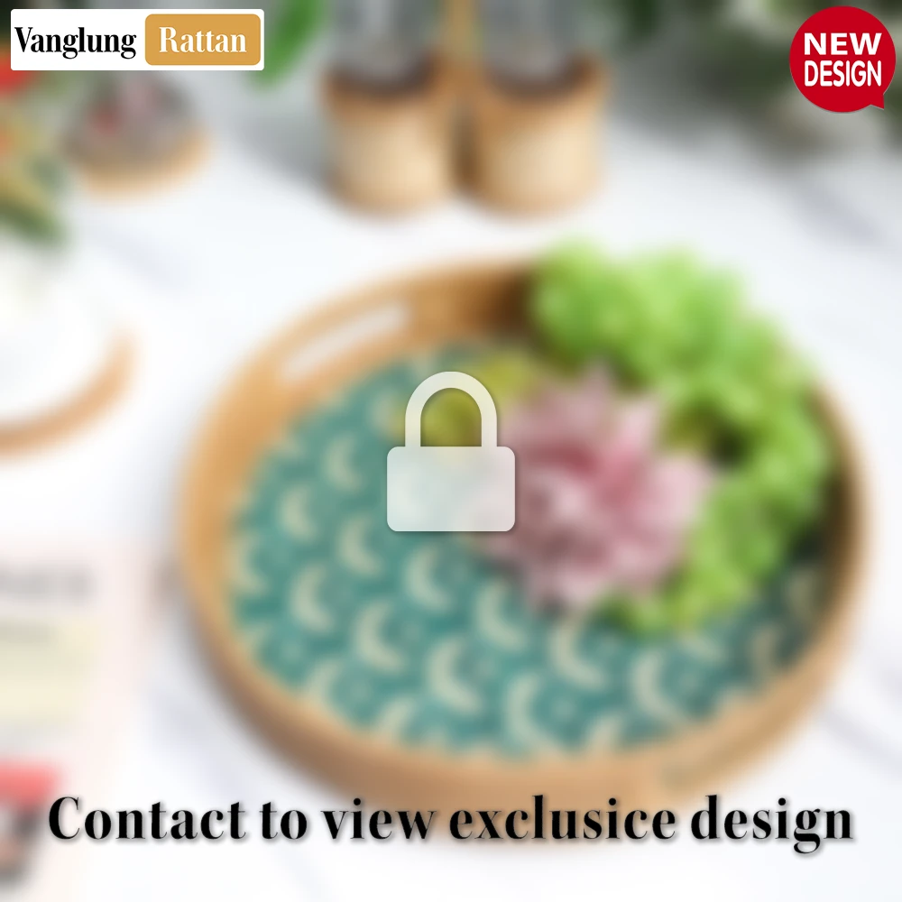 Rattan Export Round Handwoven Bamboo Rattan Handles Serving Tray with Green Japan Pattern - REX-STRO013003JP