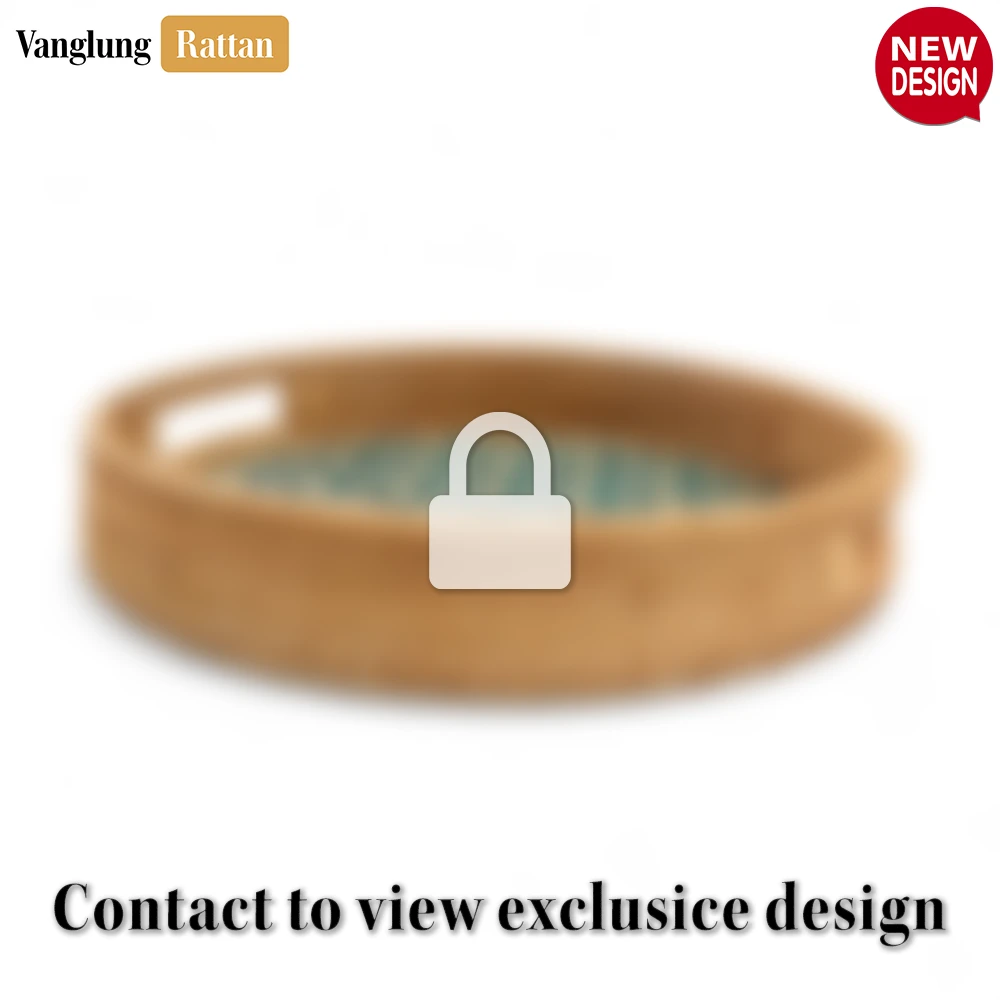Rattan Export Round Handwoven Bamboo Rattan Handles Serving Tray with Green Japan Pattern - REX-STRO013003JP