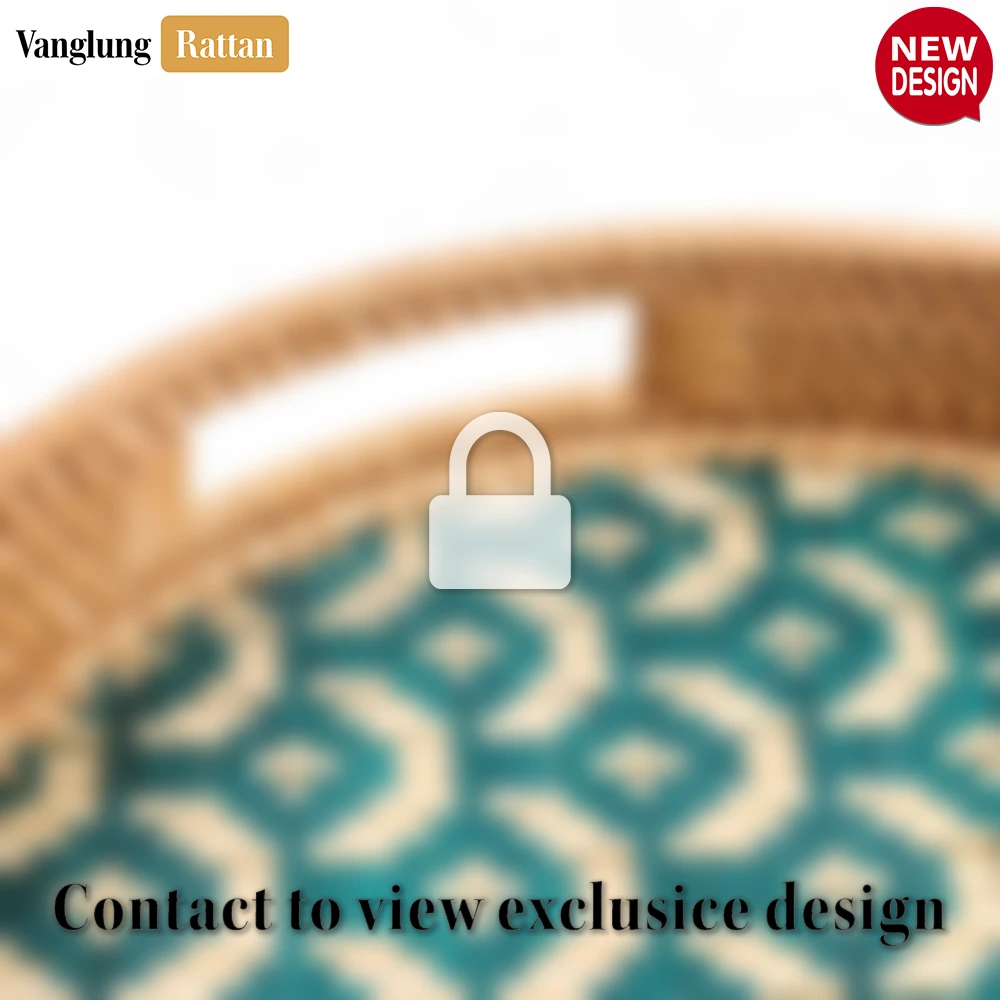 Rattan Export Round Handwoven Bamboo Rattan Handles Serving Tray with Green Japan Pattern - REX-STRO013003JP
