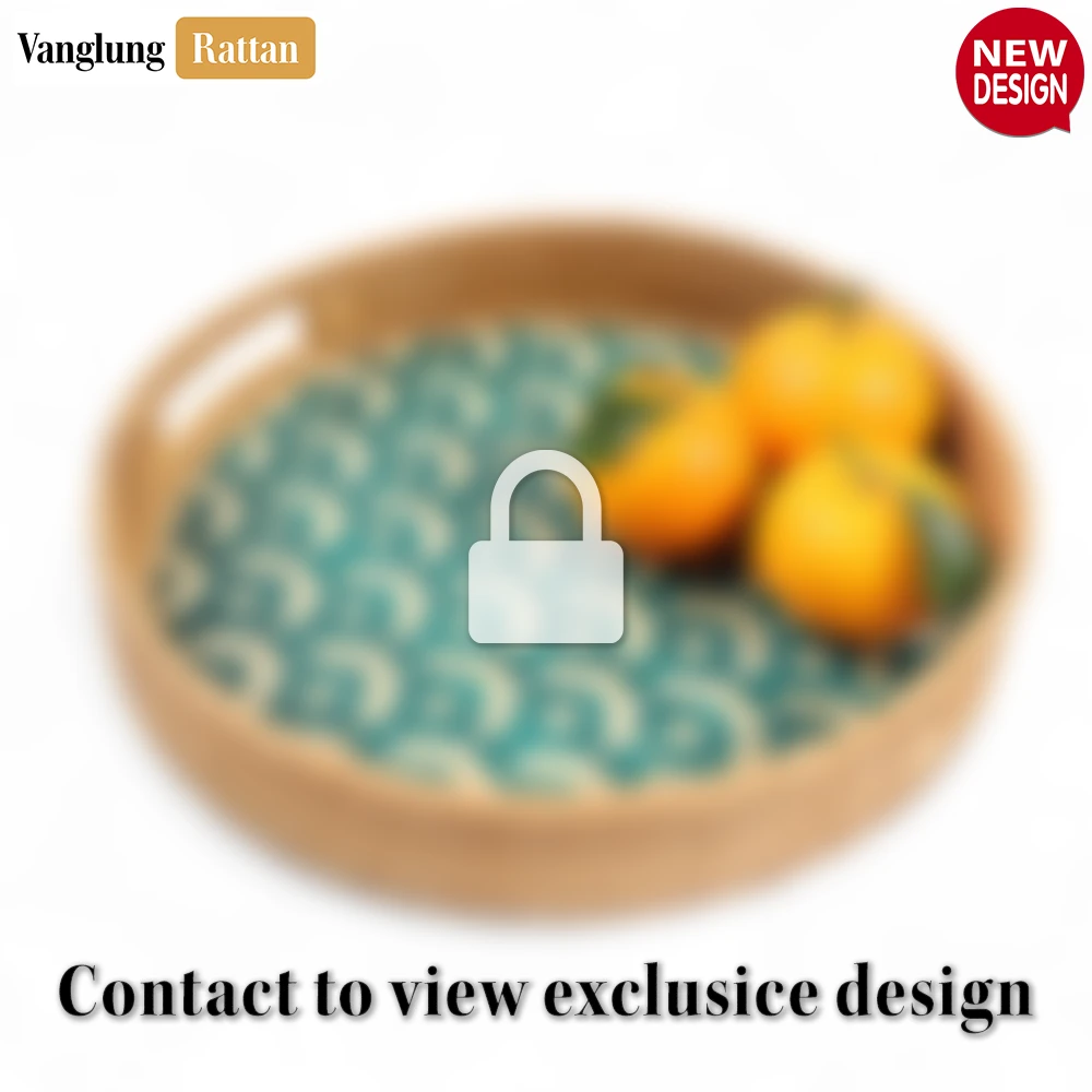 Rattan Export Round Handwoven Bamboo Rattan Handles Serving Tray with Green Japan Pattern - REX-STRO013003JP