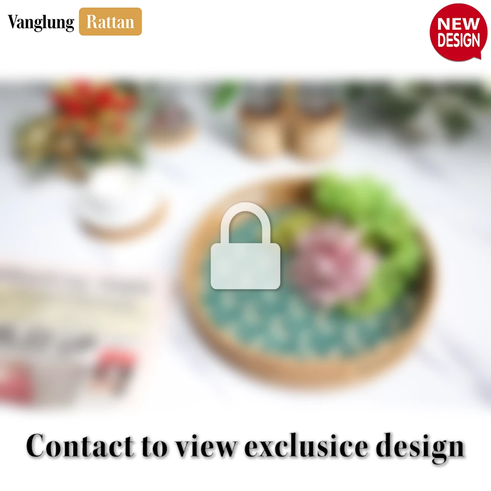Rattan Export Round Handwoven Bamboo Rattan Handles Serving Tray with Green Japan Pattern - REX-STRO013003JP