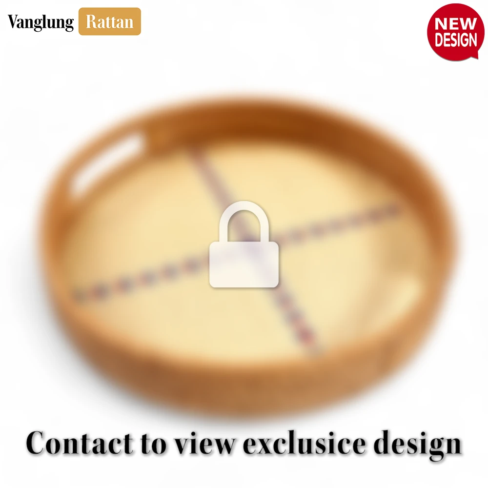 Rattan Export Round Honey Handwoven Bamboo Rattan Handles Serving Tray with Natural Twilled Twos Weave and Cross Blue and Red Pattern - REX-STRO013003HS