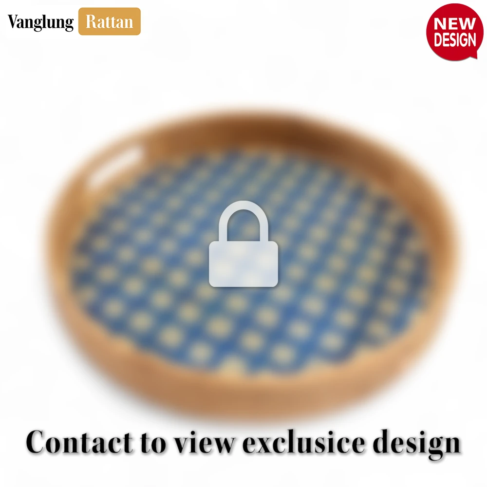 Rattan Export Round Honey Handwoven Bamboo Rattan Handles Serving Tray with Blue Natural Diamond Weave - REX-STRO013003HB