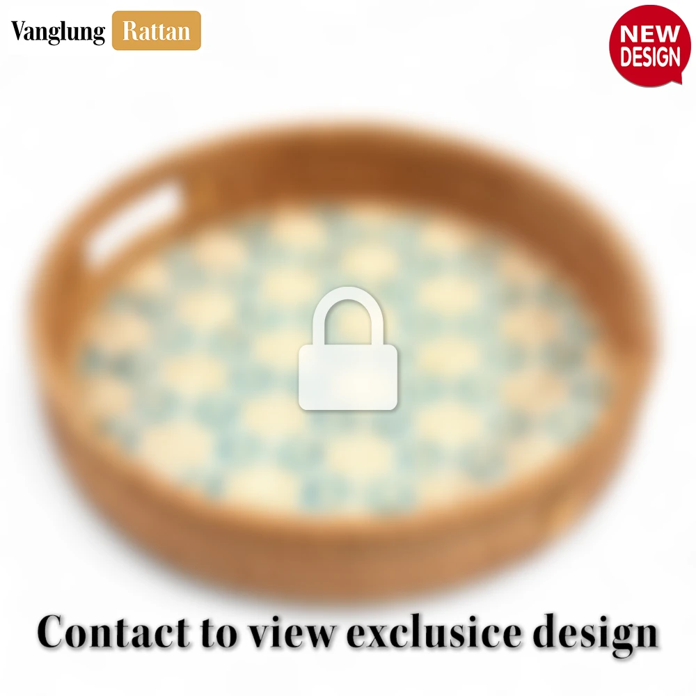 Rattan Export Round Handwoven Bamboo Rattan Handles Serving Tray with Blue Geometric Weave - REX-STRO013003BL