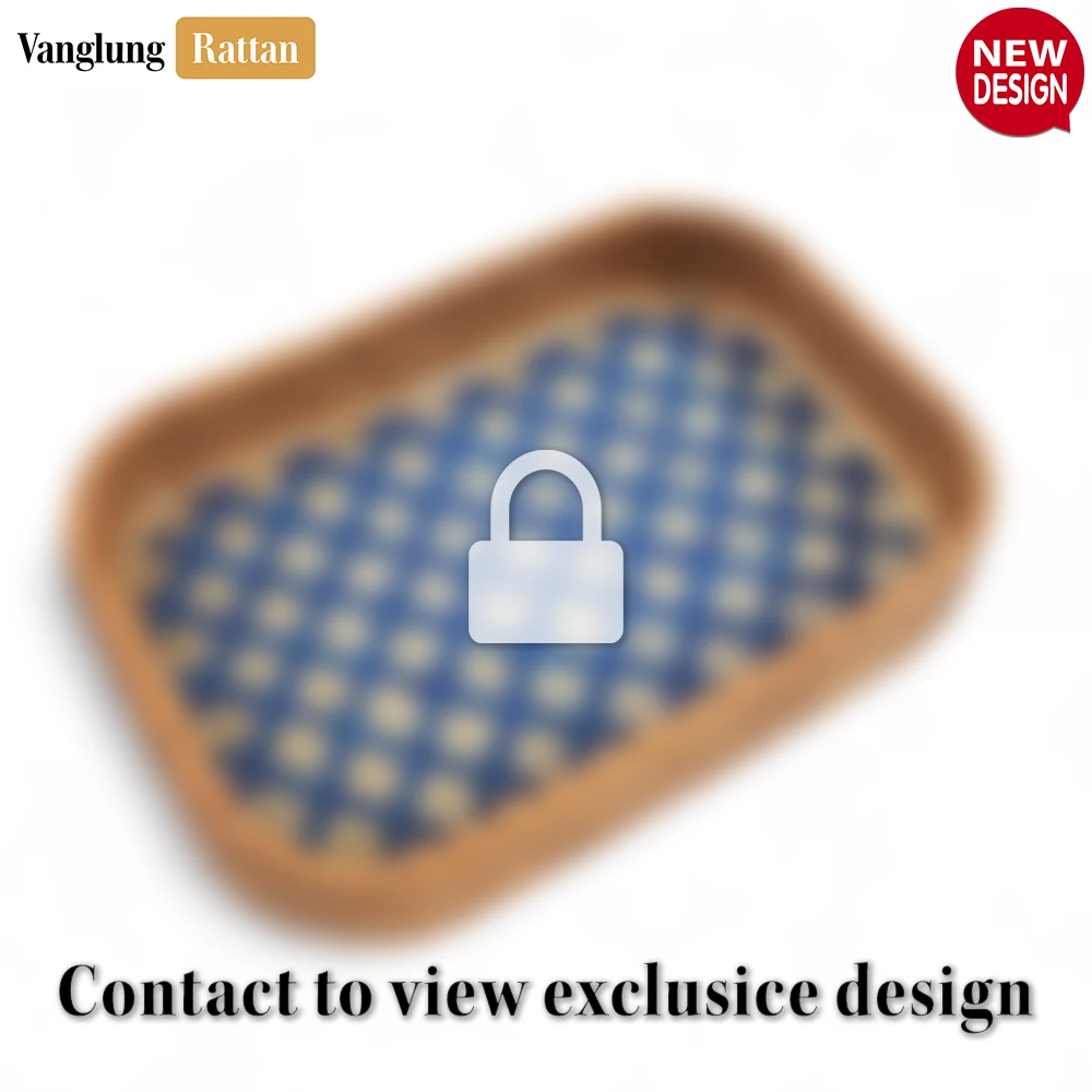 Rattan Export Handwoven Round Rectangle Bamboo Rattan Serving Tray with Blue and Natural Diamond Weave - REX-STCN013010BL
