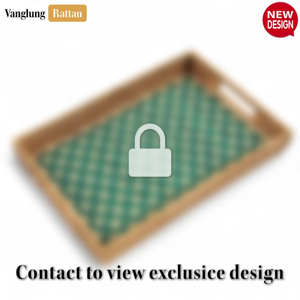 Rattan Export Handmade Rectangular Bamboo Rattan Handles Serving Tray with Emerald Green and Natural Diamond Weave - REX-STCN013008