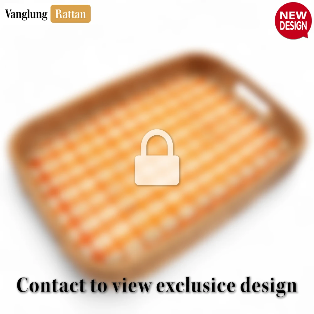 Rattan Export Handwoven Rectangular Bamboo Rattan Handles Serving Tray with Natural Orange Checkered Pattern - REX-STCN013006OR