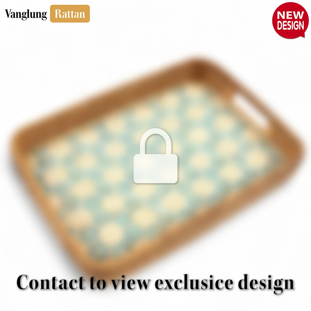 Rattan Export Handwoven Rectangular Bamboo Rattan Handles Serving Tray with Natural Blue Teal Geometric Weave - REX-STCN013006BL