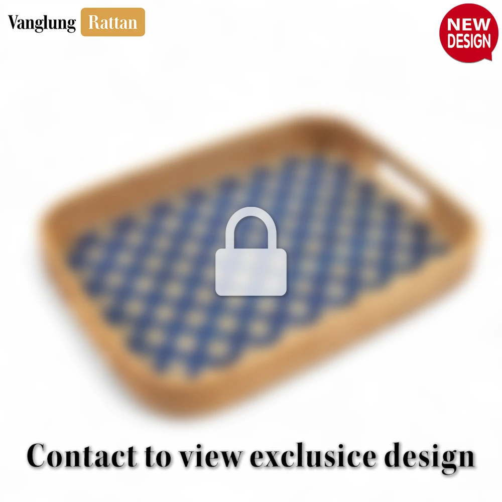 Rattan Export Handwoven Rectangular Bamboo Rattan Handles Serving Tray with Blue Diamond Weave - REX-STCN013005BL