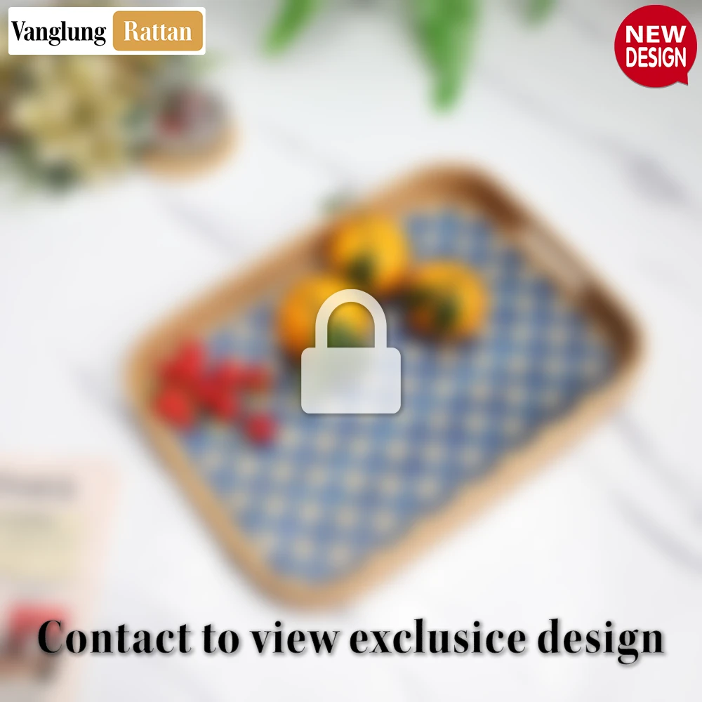 Rattan Export Handwoven Rectangular Bamboo Rattan Handles Serving Tray with Blue Diamond Weave - REX-STCN013005BL