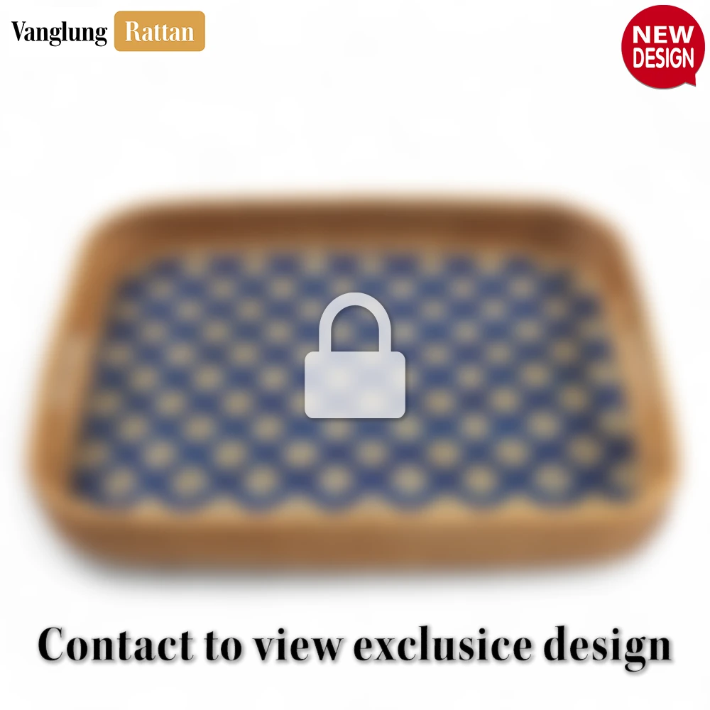 Rattan Export Handwoven Rectangular Bamboo Rattan Handles Serving Tray with Blue Diamond Weave - REX-STCN013005BL