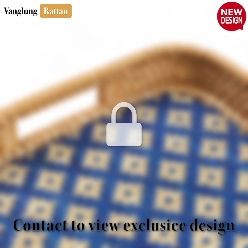 Rattan Export Handwoven Rectangular Bamboo Rattan Handles Serving Tray with Blue Diamond Weave - REX-STCN013005BL