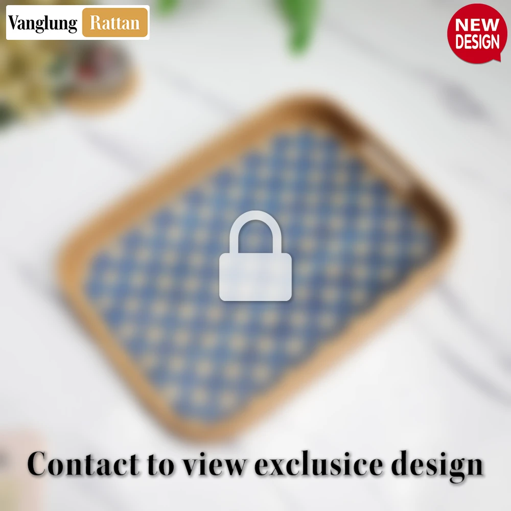 Rattan Export Handwoven Rectangular Bamboo Rattan Handles Serving Tray with Blue Diamond Weave - REX-STCN013005BL
