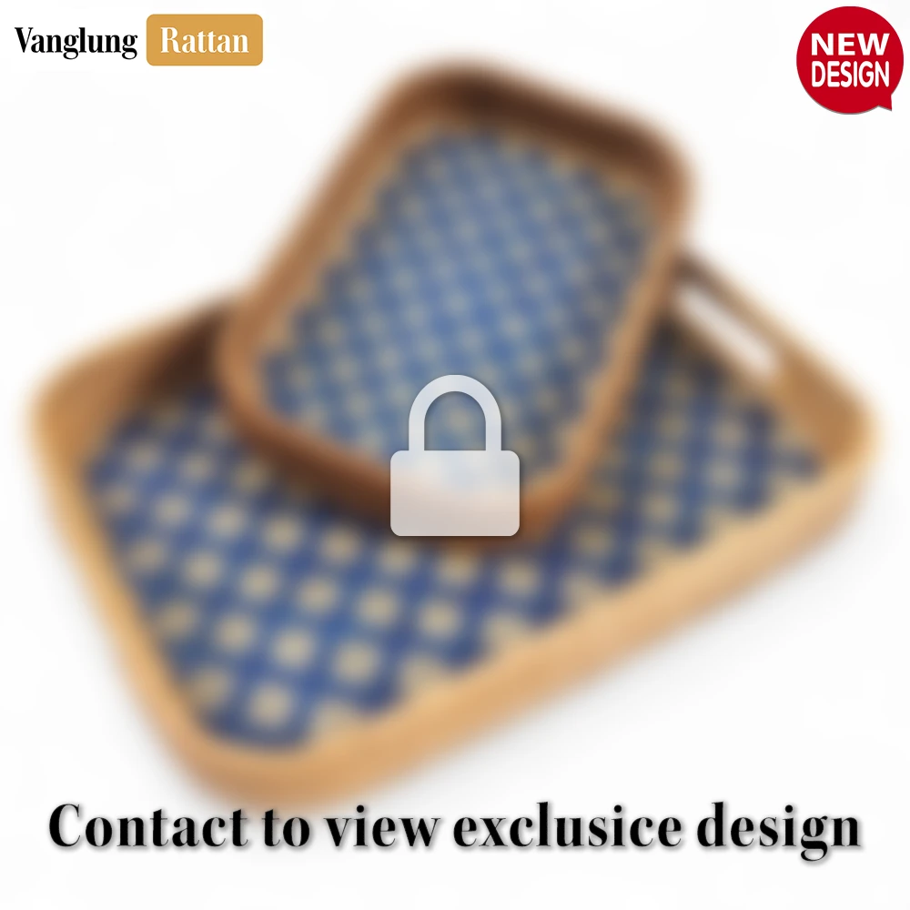 Rattan Export Handwoven Rectangular Bamboo Rattan Handles Serving Tray with Blue Diamond Weave - REX-STCN013005BL