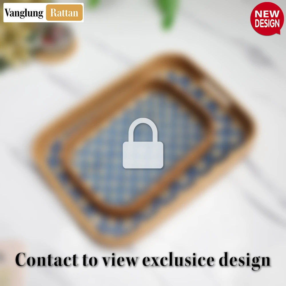 Rattan Export Handwoven Rectangular Bamboo Rattan Handles Serving Tray with Blue Diamond Weave - REX-STCN013005BL