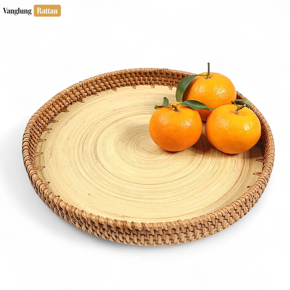 Rattan Export Round Handless Straw Rattan Serving Tray with Coiled Bamboo Base - REX-STRO011009