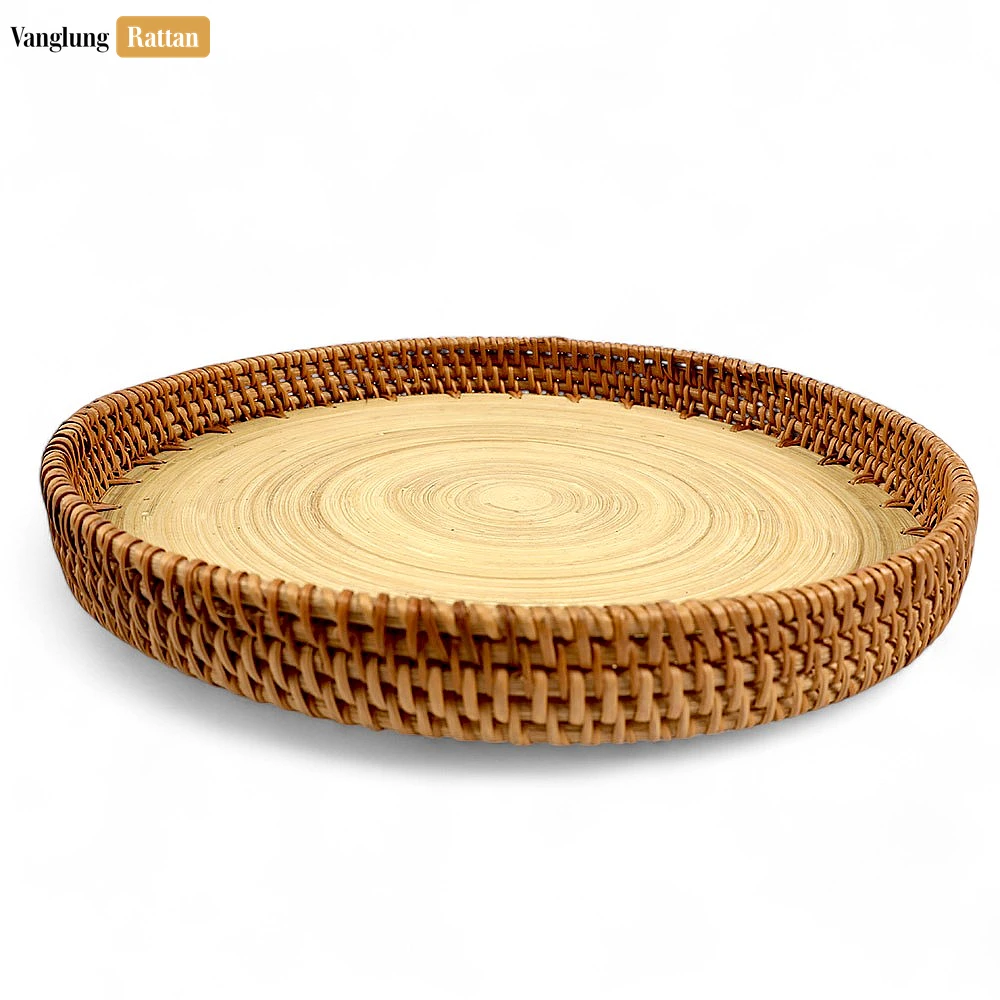 Rattan Export Round Handless Straw Rattan Serving Tray with Coiled Bamboo Base - REX-STRO011009
