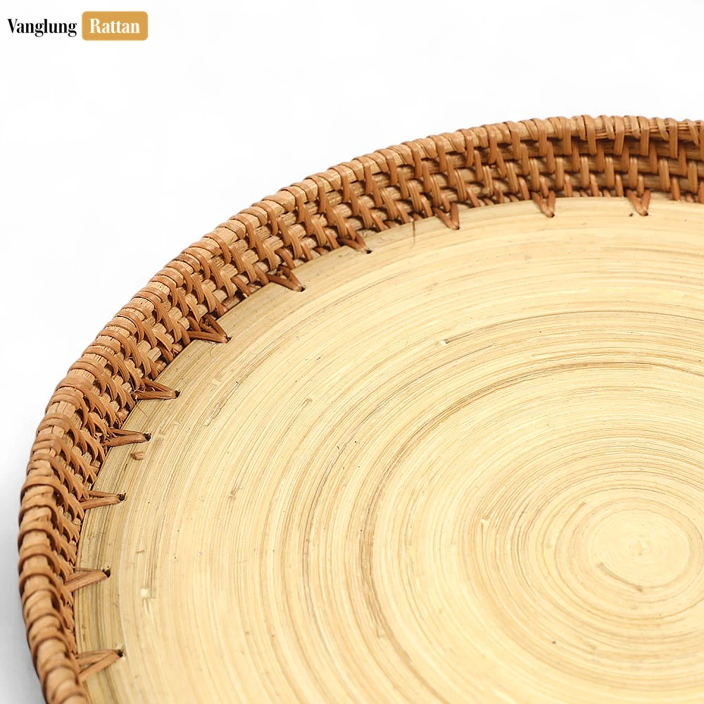 Rattan Export Round Handless Straw Rattan Serving Tray with Coiled Bamboo Base - REX-STRO011009