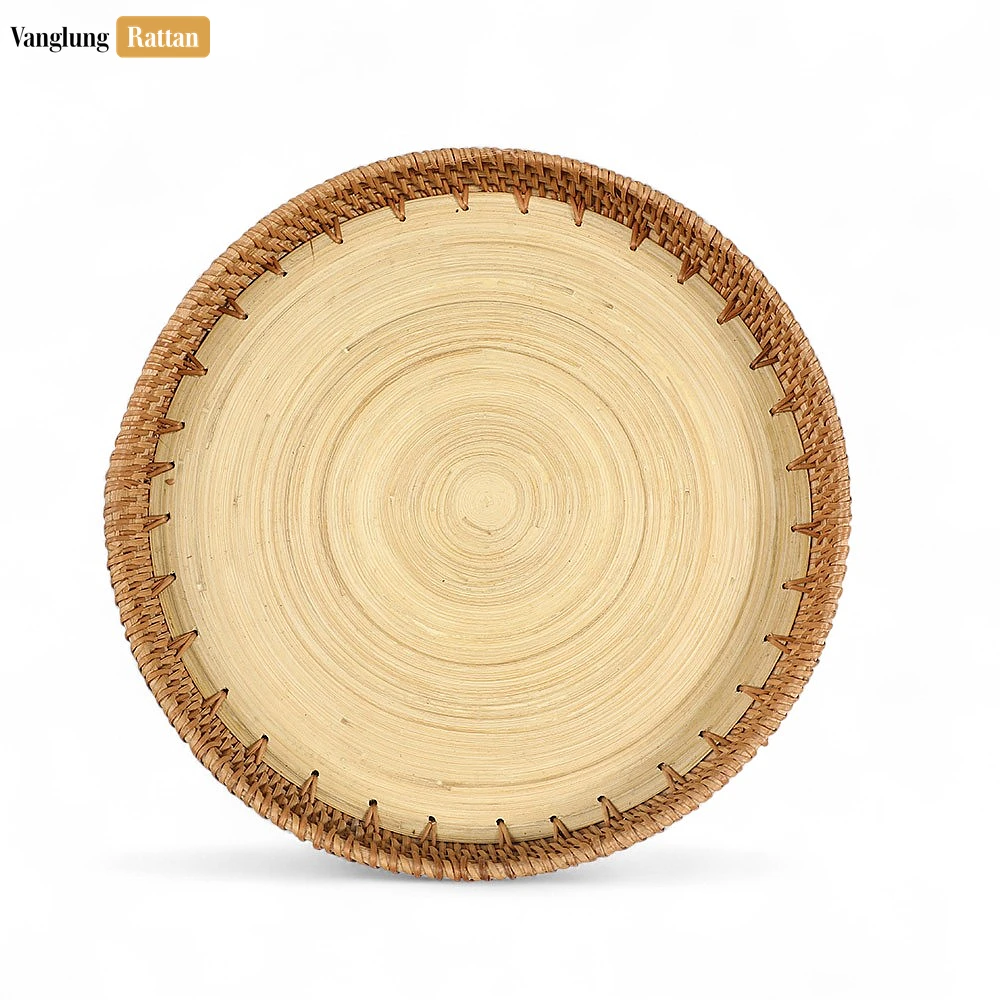 Rattan Export Round Handless Straw Rattan Serving Tray with Coiled Bamboo Base - REX-STRO011009