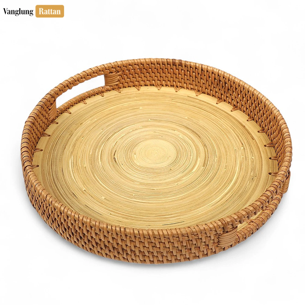 Rattan Export Round Handles Straw Rattan Serving Tray with Coiled Bamboo Base - REX-STRO011008