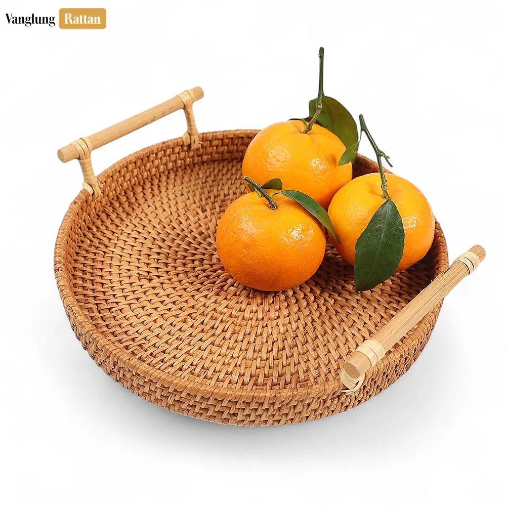 Rattan Export Round Bamboo Dowel Handles Straw Rattan Serving Tray with Natural Wicker Weave - REX-STRO011007