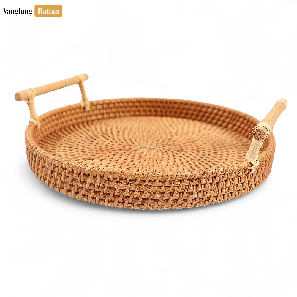 Rattan Export Round Bamboo Dowel Handles Straw Rattan Serving Tray with Natural Wicker Weave - REX-STRO011007