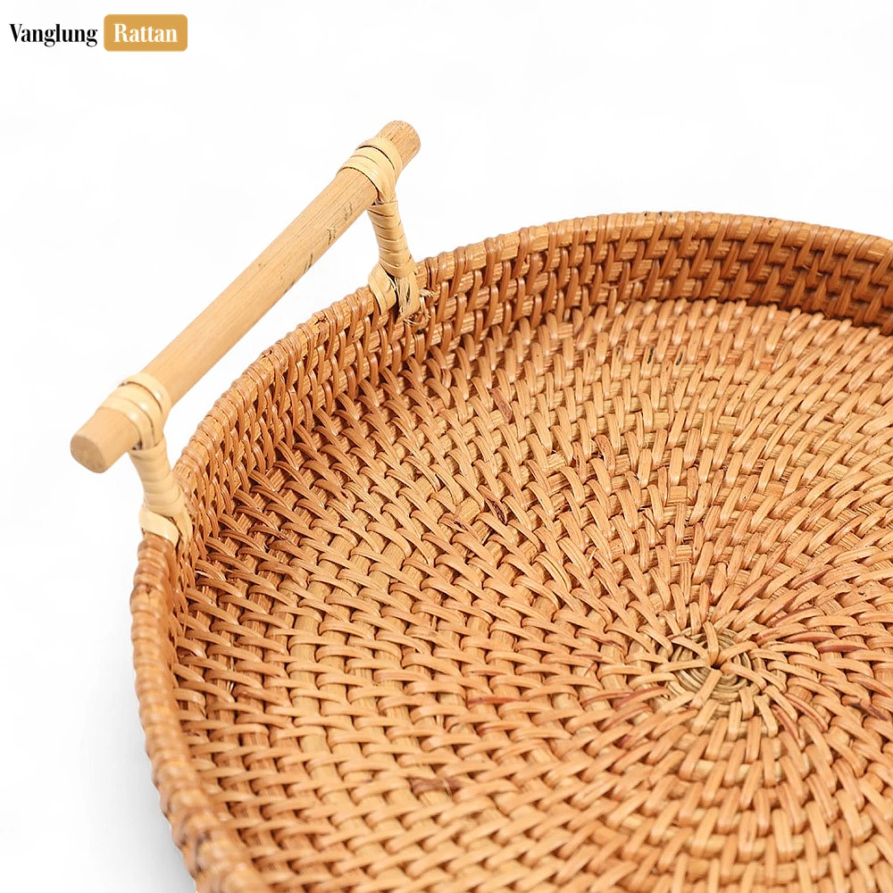 Rattan Export Round Bamboo Dowel Handles Straw Rattan Serving Tray with Natural Wicker Weave - REX-STRO011007