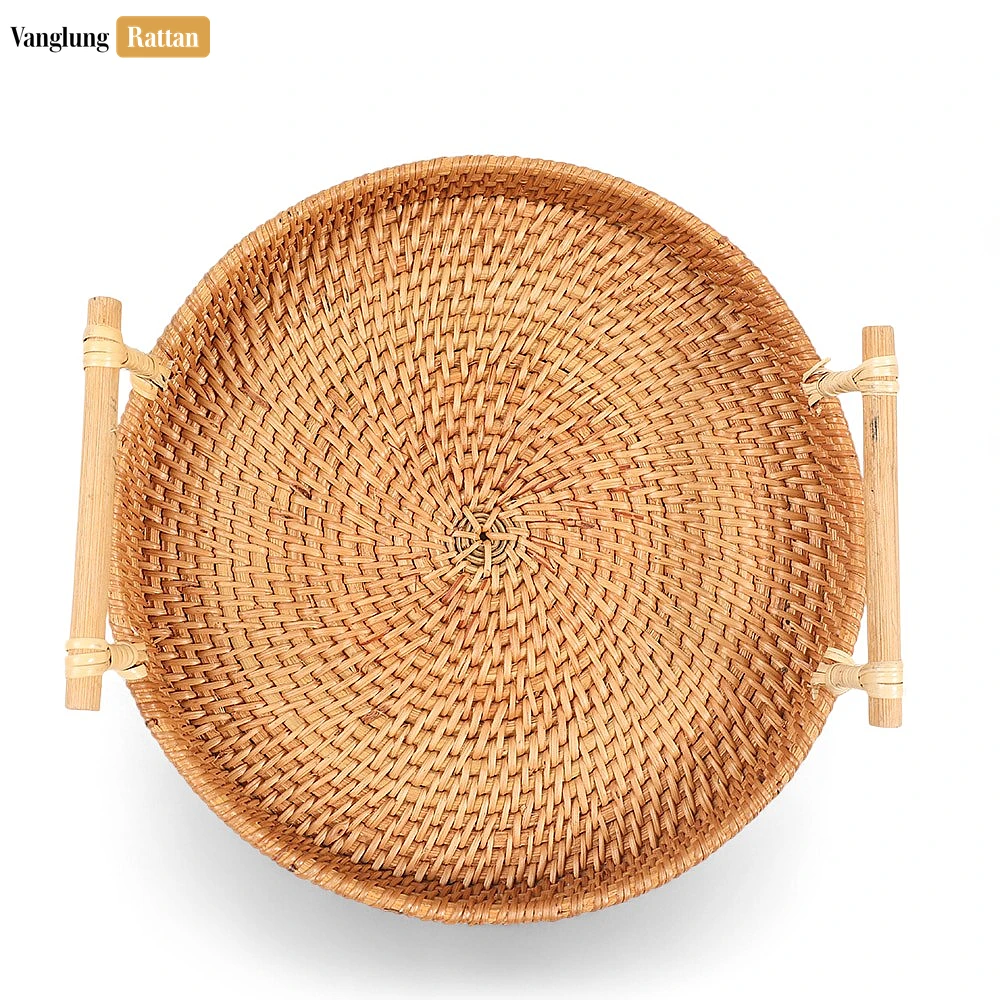 Rattan Export Round Bamboo Dowel Handles Straw Rattan Serving Tray with Natural Wicker Weave - REX-STRO011007