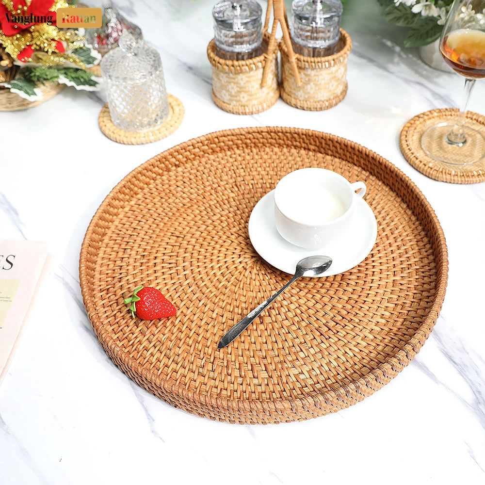 Rattan Export Round Handless Straw Rattan Serving Tray with Natural Wicker Weave - REX-STRO011006