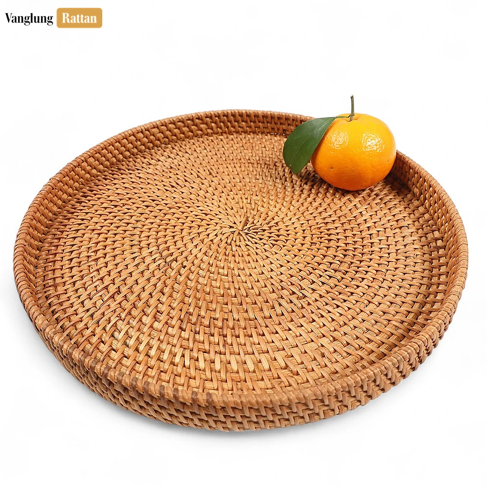 Rattan Export Round Handless Straw Rattan Serving Tray with Natural Wicker Weave - REX-STRO011006